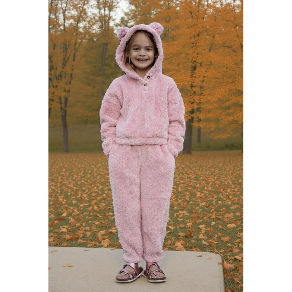 Girls 2 Piece Outfits Sweatsuit Fuzzy Long Sleeve Bear Ear Hoodie Sweatshirt and
